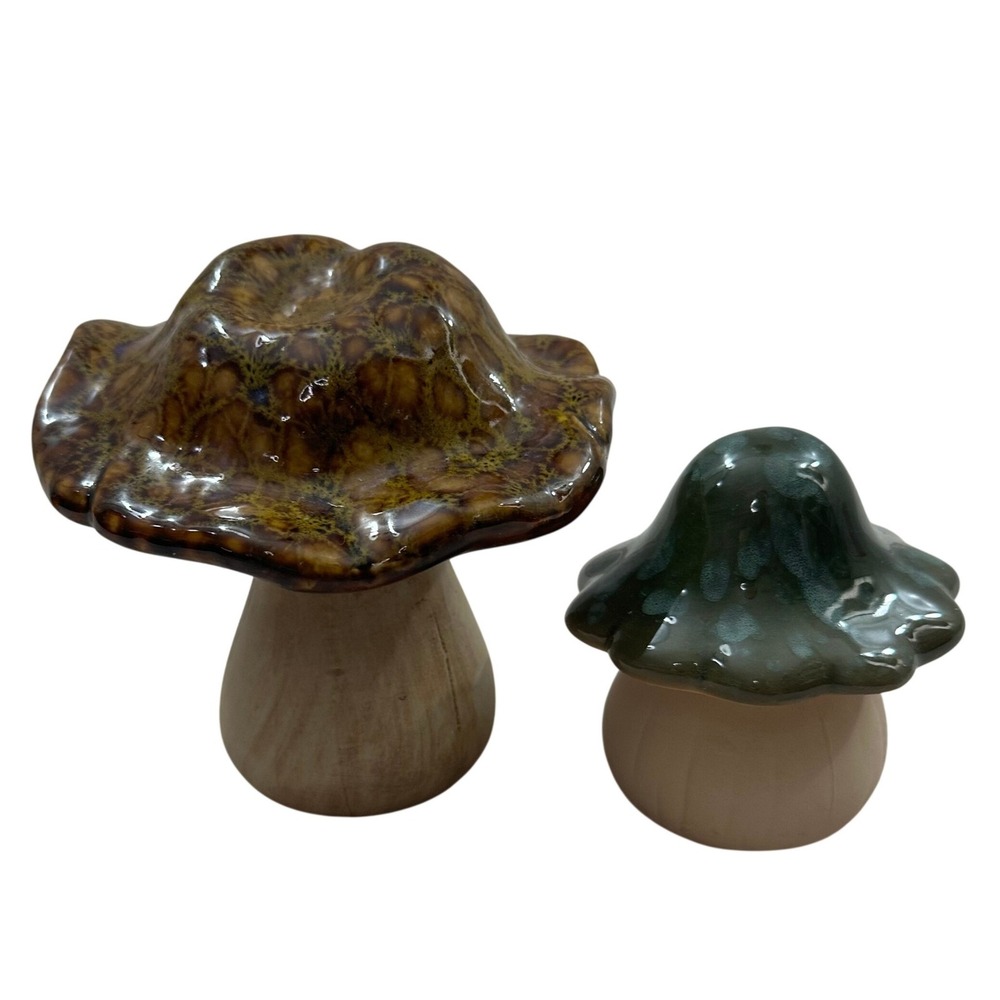 Ceramic Mushroom Figurine Set 2 Brown Green Reactive Glaze Woodland Decor NWOT